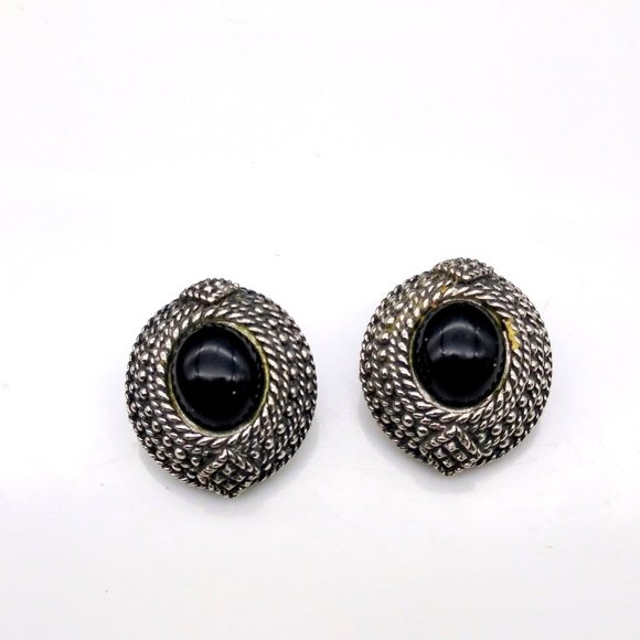 Basic Black Cabochon Earrings in Silver Tone Frames, Neutral Vintage Chic Clip - Picture 2 of 5